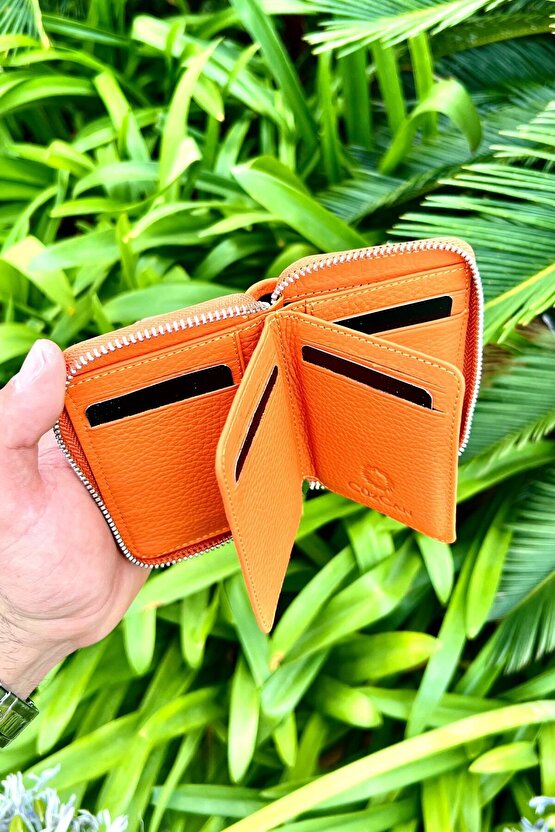 Turuncu Mini Petty Gerçek Hakiki Deri Cüzdan Unisex (KADIN  ERKEK)