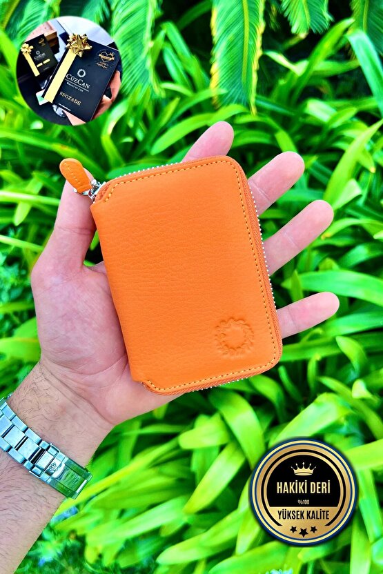 Turuncu Mini Petty Gerçek Hakiki Deri Cüzdan Unisex (KADIN  ERKEK)