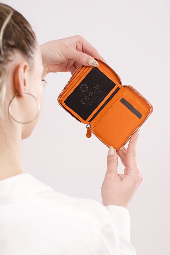 Turuncu Mini Petty Gerçek Hakiki Deri Cüzdan Unisex (KADIN  ERKEK)