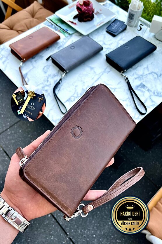 Swany Antik Kahve Hakiki Deri Tek Fermuarlı Telefon Cüzdanı El Çantası Unisex