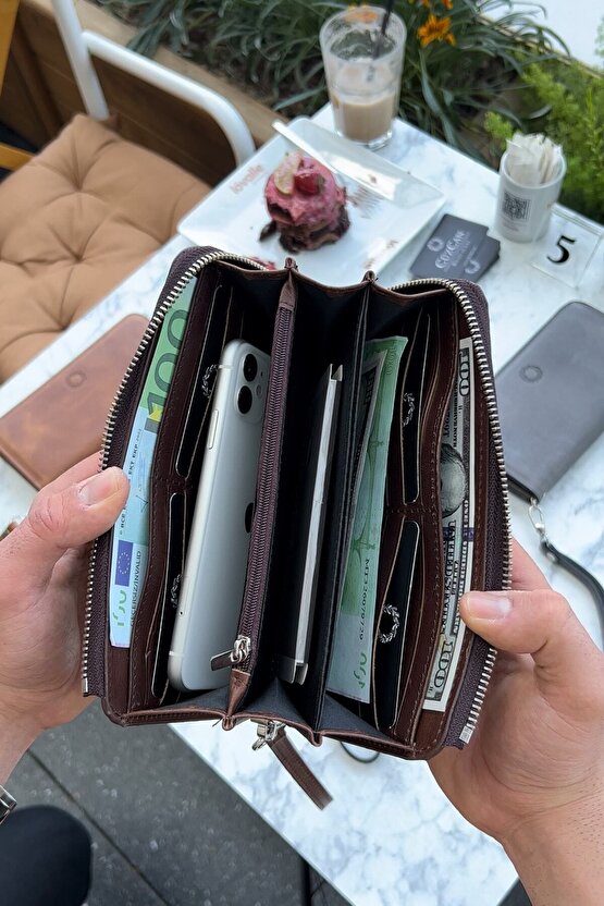 Swany Antik Kahve Hakiki Deri Tek Fermuarlı Telefon Cüzdanı El Çantası Unisex