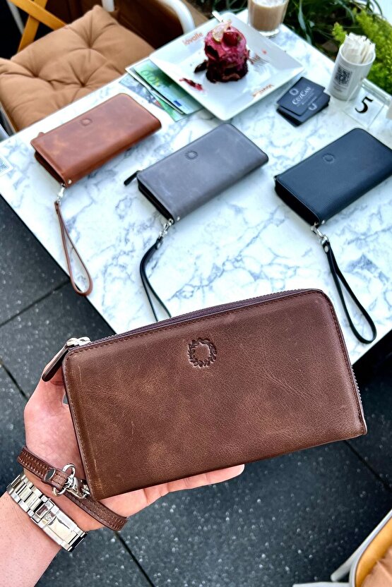 Swany Antik Kahve Hakiki Deri Tek Fermuarlı Telefon Cüzdanı El Çantası Unisex