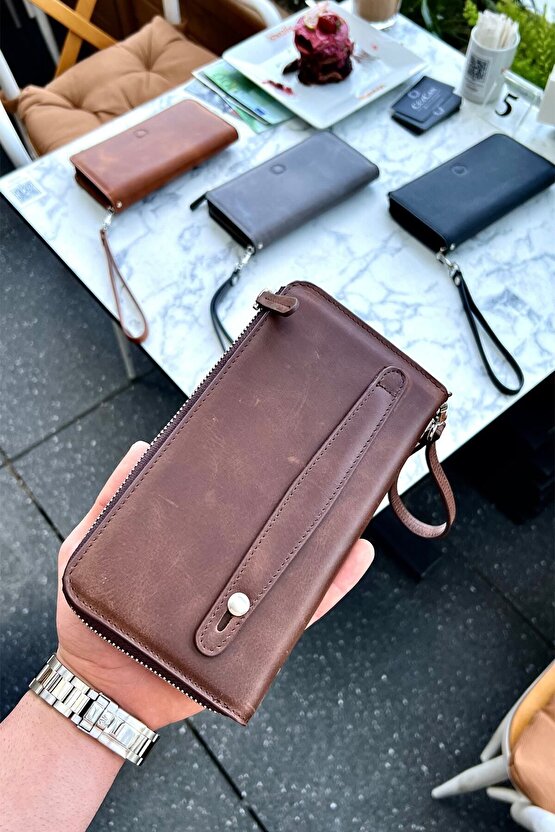 Swany Antik Kahve Hakiki Deri Tek Fermuarlı Telefon Cüzdanı El Çantası Unisex