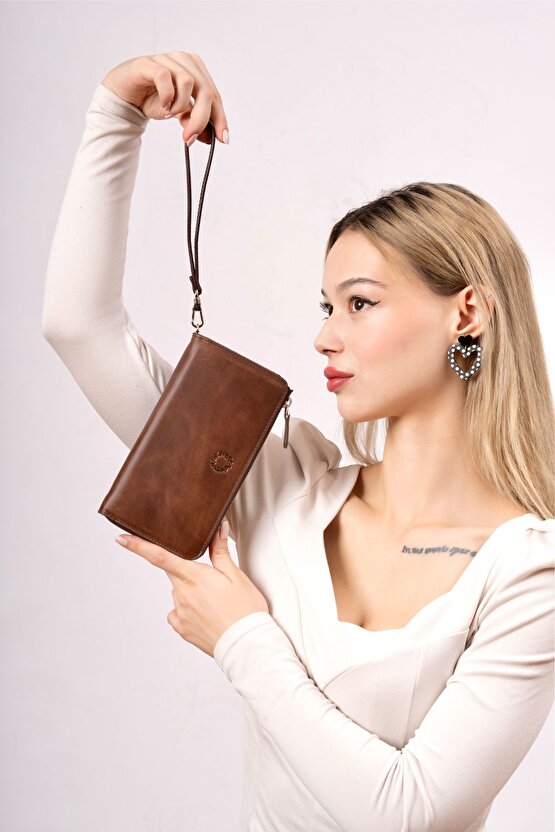 Swany Antik Kahve Hakiki Deri Tek Fermuarlı Telefon Cüzdanı El Çantası Unisex