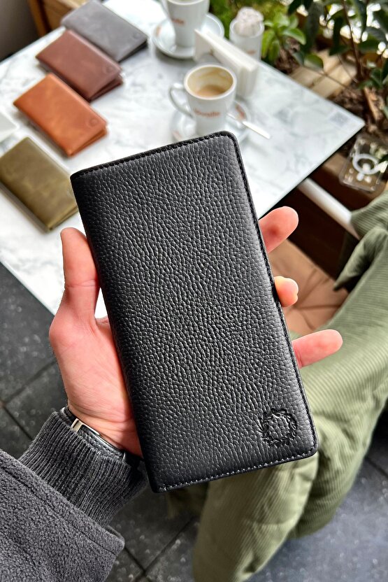 Piarde Siyah Unisex Hakiki Deri Kartlık Hediyeli Telefon Gözlü Cüzdan