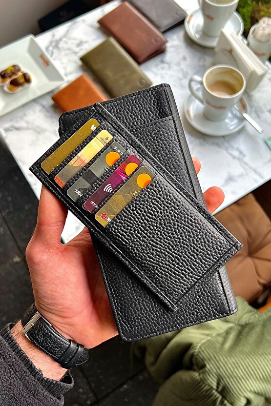 Piarde Siyah Unisex Hakiki Deri Kartlık Hediyeli Telefon Gözlü Cüzdan