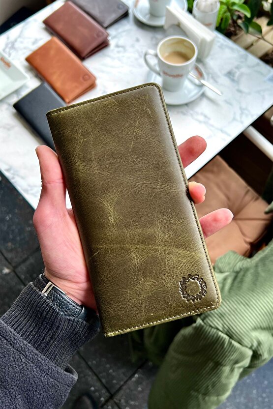 Piarde Antik Yeşil Unisex Hakiki Deri Kartlık Hediyeli Telefon Gözlü Cüzdan