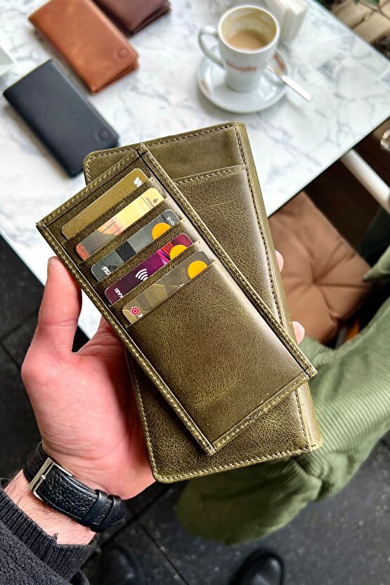 Piarde Antik Yeşil Unisex Hakiki Deri Kartlık Hediyeli Telefon Gözlü Cüzdan