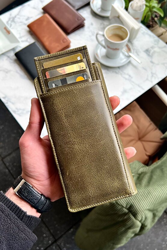 Piarde Antik Yeşil Unisex Hakiki Deri Kartlık Hediyeli Telefon Gözlü Cüzdan