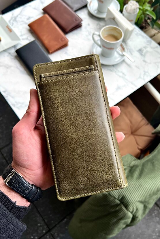 Piarde Antik Yeşil Unisex Hakiki Deri Kartlık Hediyeli Telefon Gözlü Cüzdan