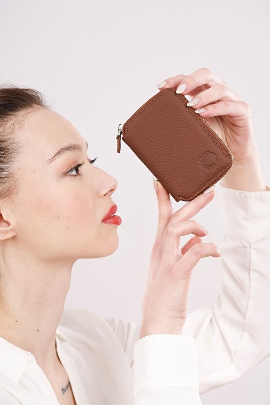 Soft Brown Mini Petty Fermuarlı Gerçek Hakiki Deri Cüzdan Unisex (KADIN  ERKEK)