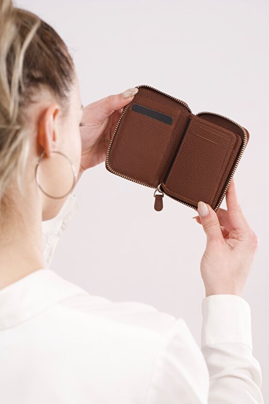 Soft Brown Mini Petty Fermuarlı Gerçek Hakiki Deri Cüzdan Unisex (KADIN  ERKEK)