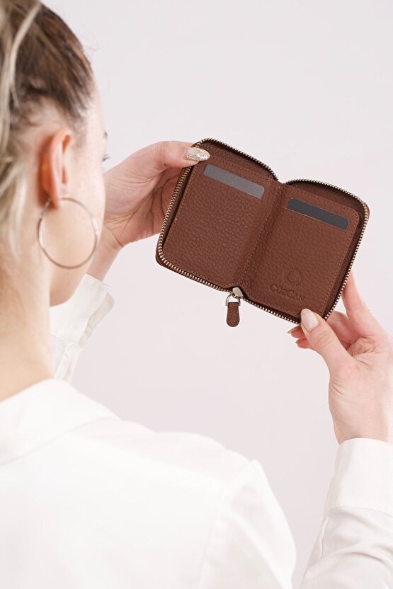 Soft Brown Mini Petty Fermuarlı Gerçek Hakiki Deri Cüzdan Unisex (KADIN  ERKEK)