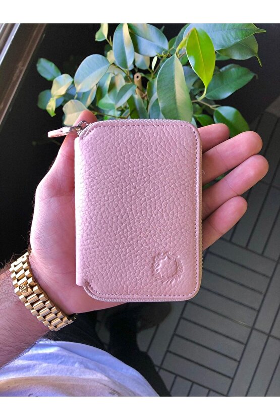 Pudra Mini Petty Fermuarlı Gerçek Hakiki Deri Cüzdan