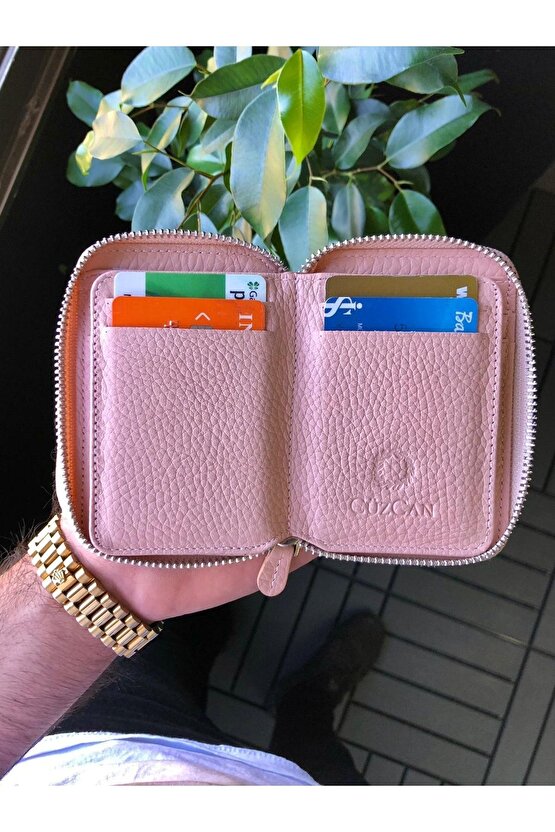 Pudra Mini Petty Fermuarlı Gerçek Hakiki Deri Cüzdan