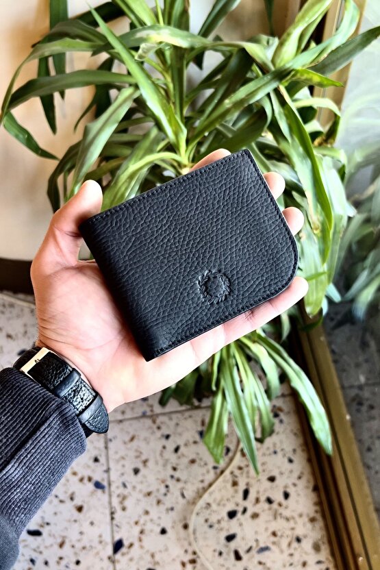 Zippa Mat Siyah Oval Kenarlı Gerçek Deri Unisex Cüzdan