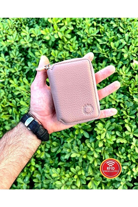 Kemik Krem Mini Petty Fermuarlı Gerçek Hakiki Deri Cüzdan Unisex (KADIN  ERKEK)