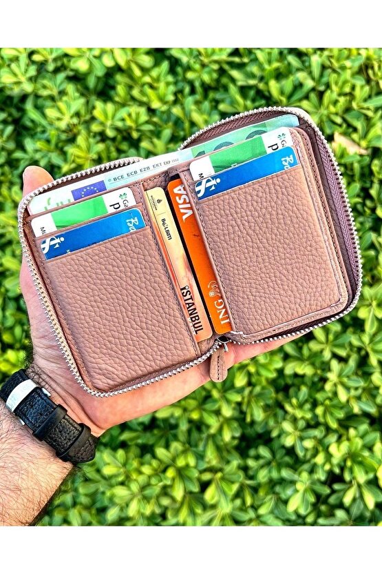 Kemik Krem Mini Petty Fermuarlı Gerçek Hakiki Deri Cüzdan Unisex (KADIN  ERKEK)