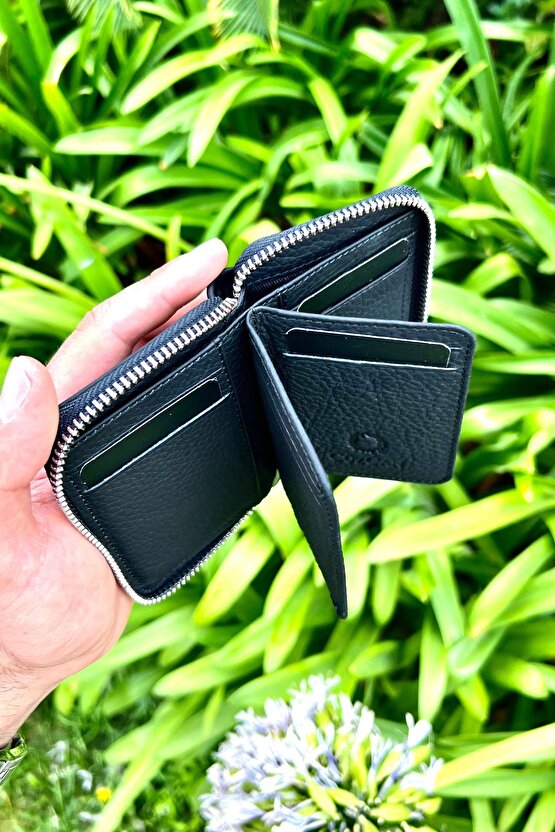 Mat Black Mini Petty Fermuarlı Gerçek Hakiki Deri Cüzdan Unisex (KADIN  ERKEK)