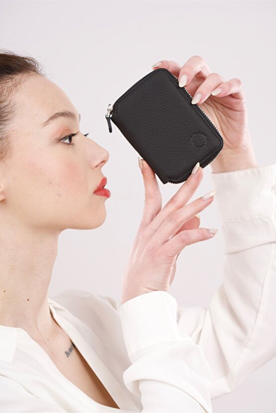 Mat Black Mini Petty Fermuarlı Gerçek Hakiki Deri Cüzdan Unisex (KADIN  ERKEK)