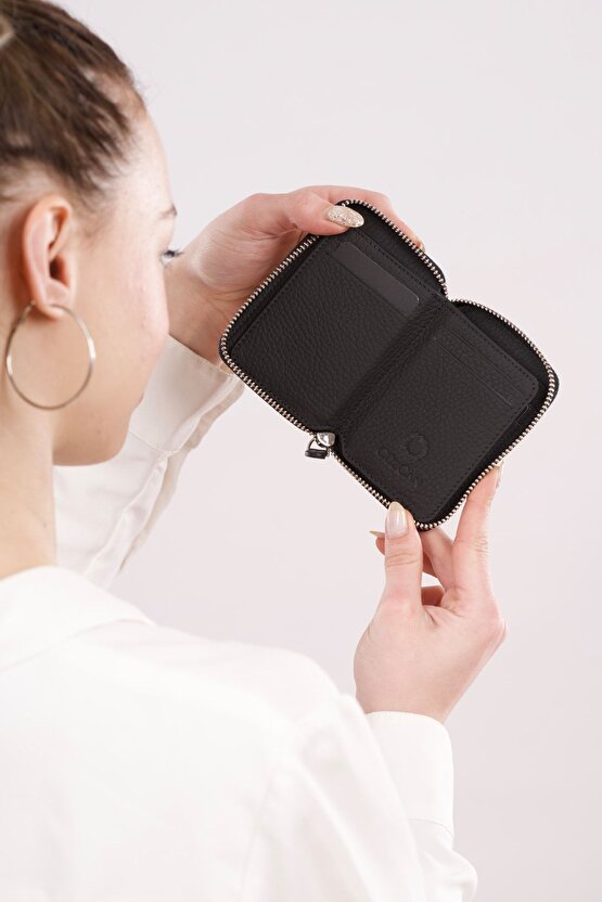 Mat Black Mini Petty Fermuarlı Gerçek Hakiki Deri Cüzdan Unisex (KADIN  ERKEK)