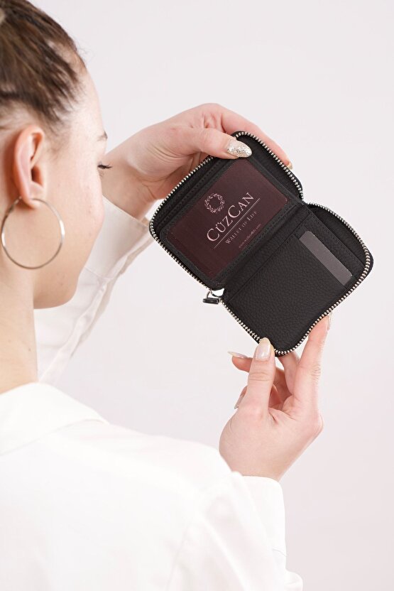Mat Black Mini Petty Fermuarlı Gerçek Hakiki Deri Cüzdan Unisex (KADIN  ERKEK)
