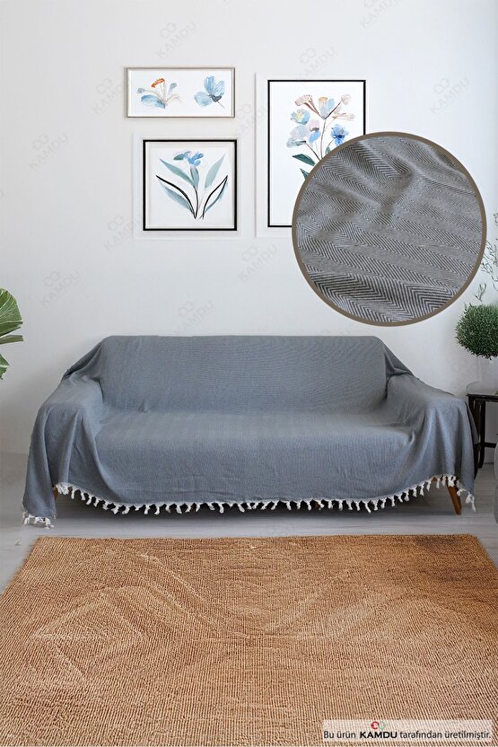 180x300cm Kolları Örten Koltuk Örtüsü, Balık Sırtı Desenli, Pamuklu Koltuk Örtüsü