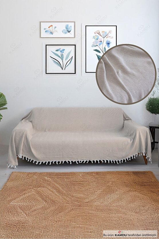 180x300cm Kolları Örten Koltuk Örtüsü, Balık Sırtı Desenli, Pamuklu Koltuk Örtüsü