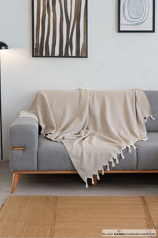 180x300cm Kolları Örten Koltuk Örtüsü, Balık Sırtı Desenli, Pamuklu Koltuk Örtüsü