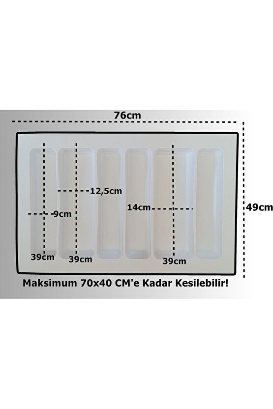 76x49 Cm. 6 Bölmeli Beyaz Çekmece Içi Düzenleyici Kepçelik (70*40 CME KADAR KESİLİR) Ücretsiz Kesim