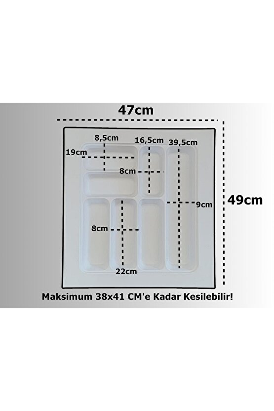 47x49 Cm. 7 Gözlü Beyaz Çekmece Içi Kaşıklık 40x41 Cme Kadar Kesilebilir - Ücretsiz Kesim