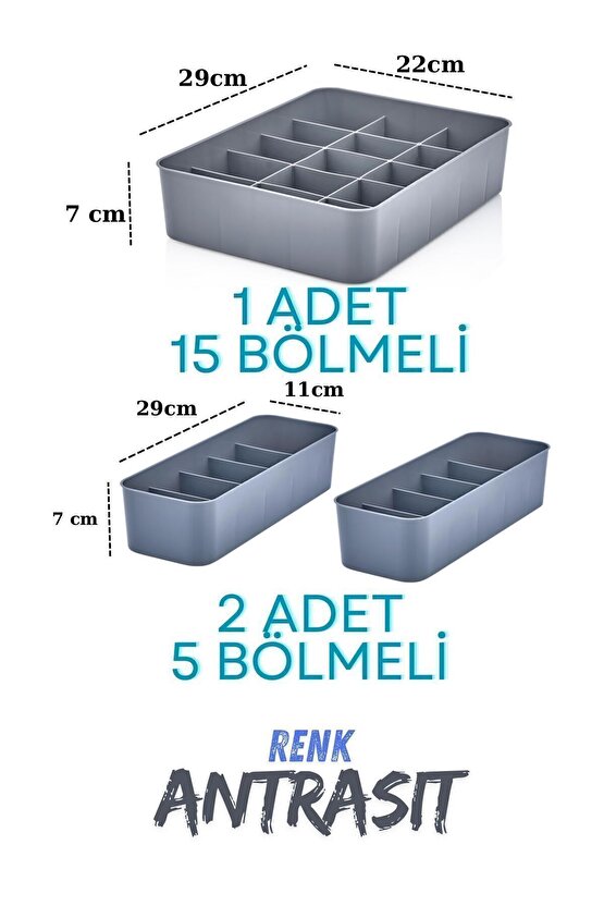 Orgaset 3lü Düzenleyici Antrasit, Mutfak, Banyo, Ofis, Makyaj Masası, Takı Organizer Set