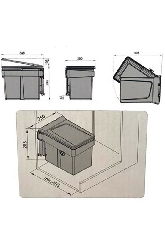 Kokusuz Dolap Içi Çöp Kovası Antrasit 15lt (DOLAP KAPAK GENİŞLİĞİ MİN. 45 CM)