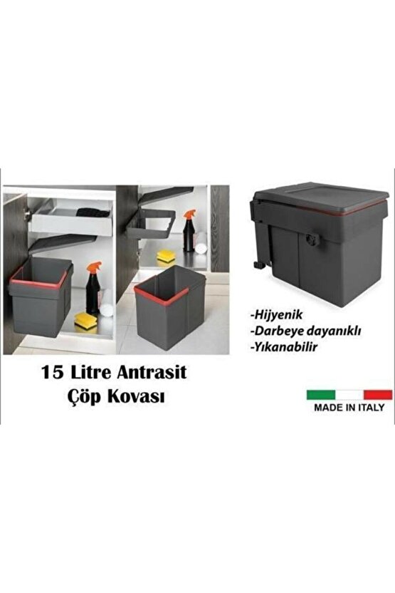 Kokusuz Dolap Içi Çöp Kovası Antrasit 15lt (DOLAP KAPAK GENİŞLİĞİ MİN. 45 CM)