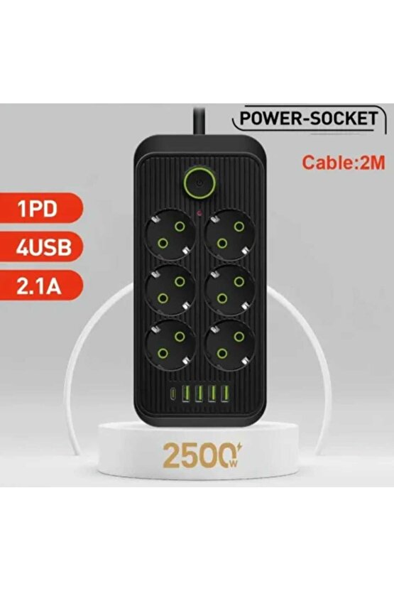 6 LI PRİZ 6 Soket 220V 4Usb 5V2.1A 1 Pd 2.1A Şarj Termal Akım Korumalı Priz 2 Metre Kablo Çoklu Priz