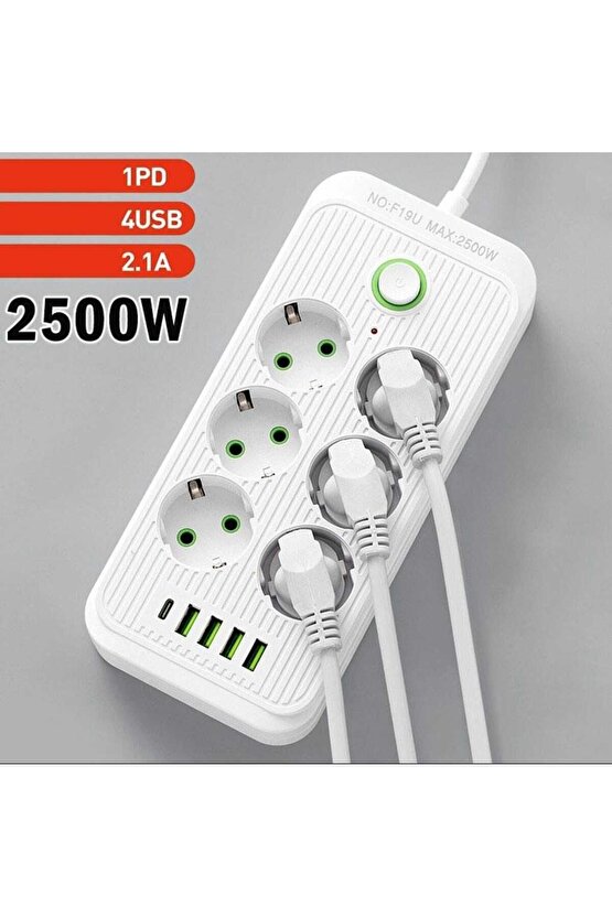 6 LI PRİZ 6 Soket 220V 4Usb 5V2.1A 1 Pd 2.1A Şarj Termal Akım Korumalı Priz 2 Metre Kablo Çoklu Priz