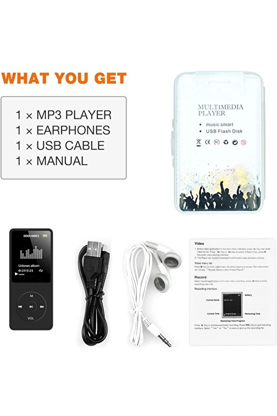 8GB DAHİLİ HAFIZALI BLUETOOTHLU MP3-MP4 ÇALAR SES KAYIT FM RADİO DAHİLİ HOPARLÖR EKRANLI MÜZİK ÇALAR