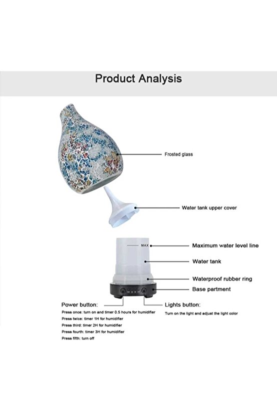 MOZAİK KRİSTAL CAM 7 RENK LED IŞIKLI ODA HAVA NEMLENDİRİCİ ULTRASONİK AROMA DİFİZÖR BUHAR MAKİNESİ