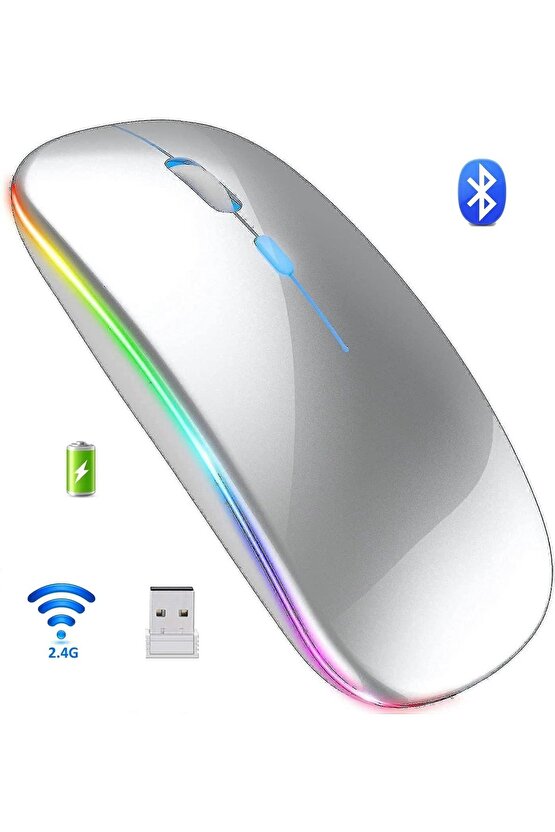 LED IŞIKLI ŞARJLI MOUSE 2.4GHZ USB WİRELESS VE BLUETOOTH LU SESSİZ İOS ANDROİD TELEFON TABLET PC TV