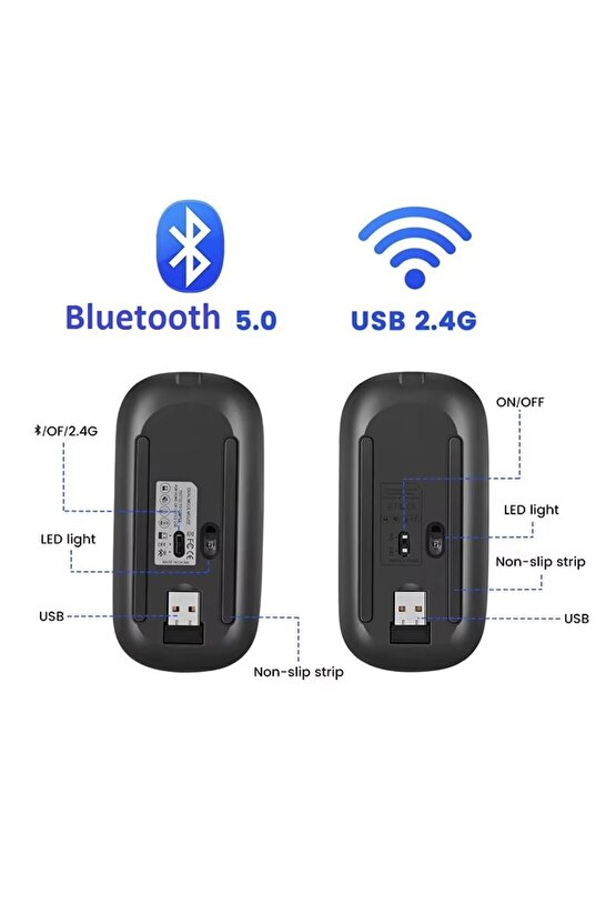 ŞARJLI MOUSE 2.4GHZ USB WİRELESS VE BLUETOOTH LU SESSİZ FARE İOS ANDROİD TABLET TELEFON UYUMLU