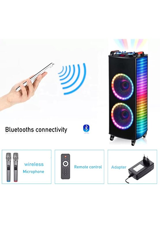 DEV PARTY SPEAKER ÇİFT KABLOSUZ MİKROFONLU ŞARJLI BLUETOOTH HOPARLÖR RGB IŞIKLI TEKERLEKLİ HOPARLÖR