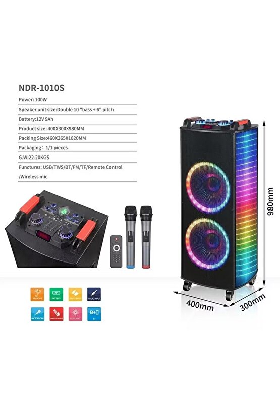 DEV PARTY SPEAKER ÇİFT KABLOSUZ MİKROFONLU ŞARJLI BLUETOOTH HOPARLÖR RGB IŞIKLI TEKERLEKLİ HOPARLÖR