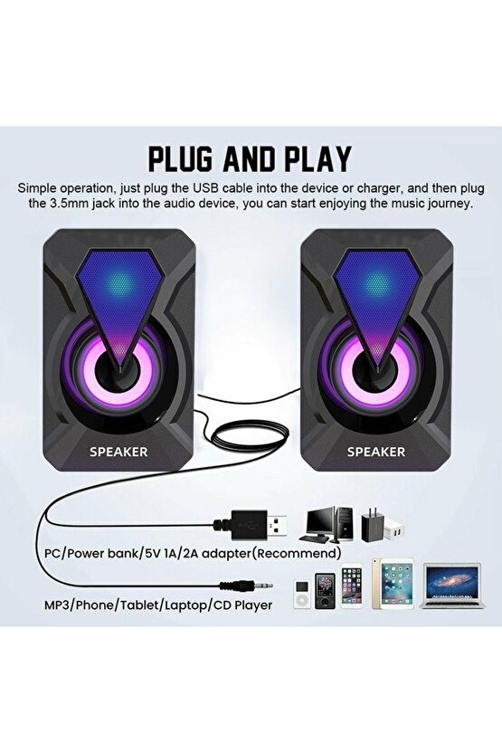 1+1 Bilgisayar Laptop Hoparlörü Mini Speaker Led Işıklı Hoparlör