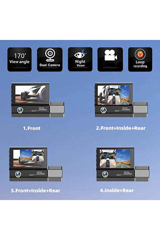 Araç İçi Kamera Ön Arka, 1080P Ön Arka İÇ, Döngü Kaydı, Hareket Algılama, 3 LENS CARDVR DASH CAM