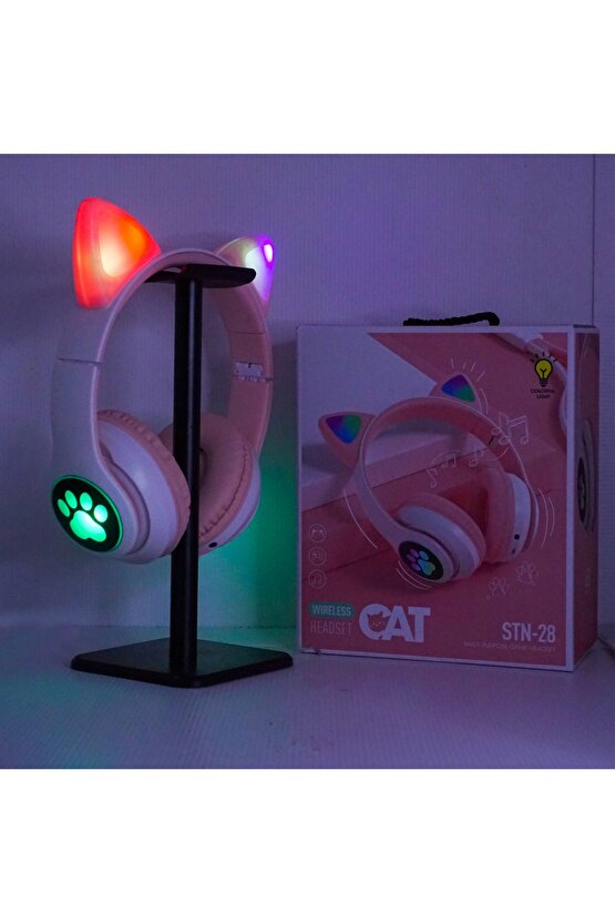 STN28 KABLOSUZ KEDİ KULAKLIK ŞARJLI LED IŞIKLI BLUETOOTH KULAKLIK AUX SD KART