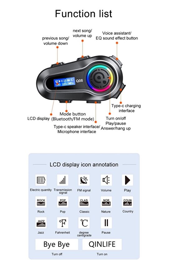 motosiklet kask kulaklık Bluetooth LCD ekran EQ ses efekti IPX6 su geçirmez Stereo FM radyo