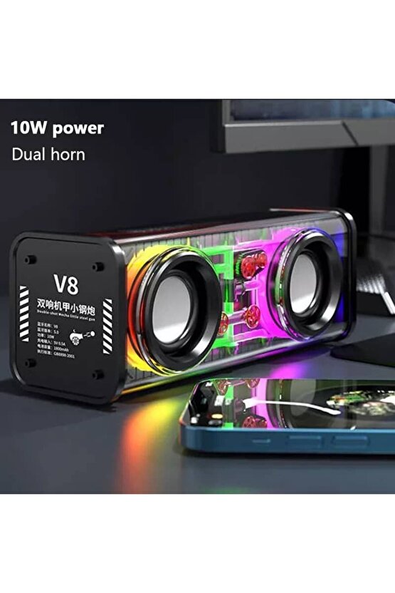 bluetooth hoparlör tws özellikli 2x5w led ışıklı fm radyo usb sd kart giriş kablosuz şarjlı speaker