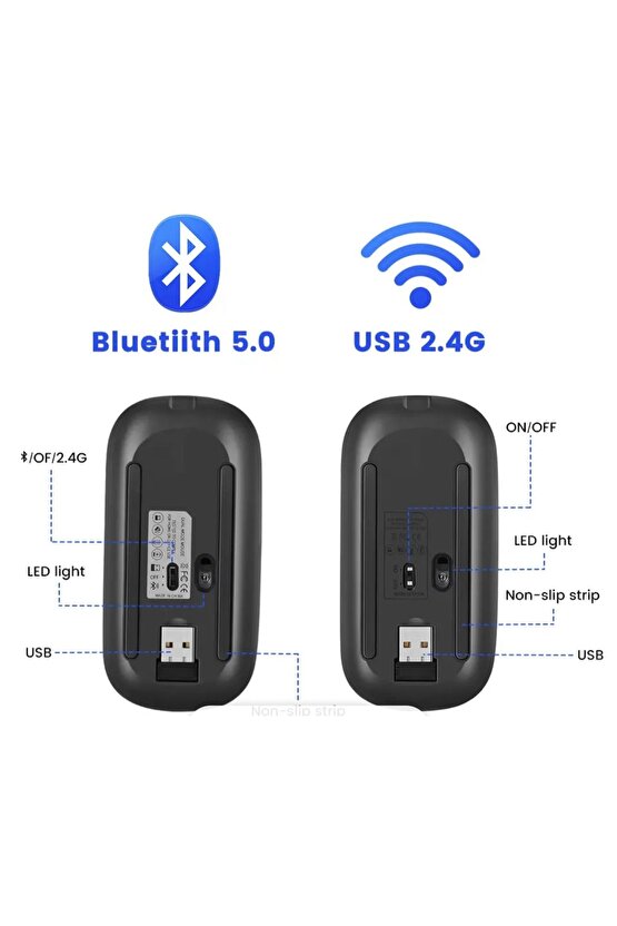 ŞARJLI MOUSE 2.4GHZ USB WİRELESS VE BLUETOOTH LU SESSİZ MAT SİYAH