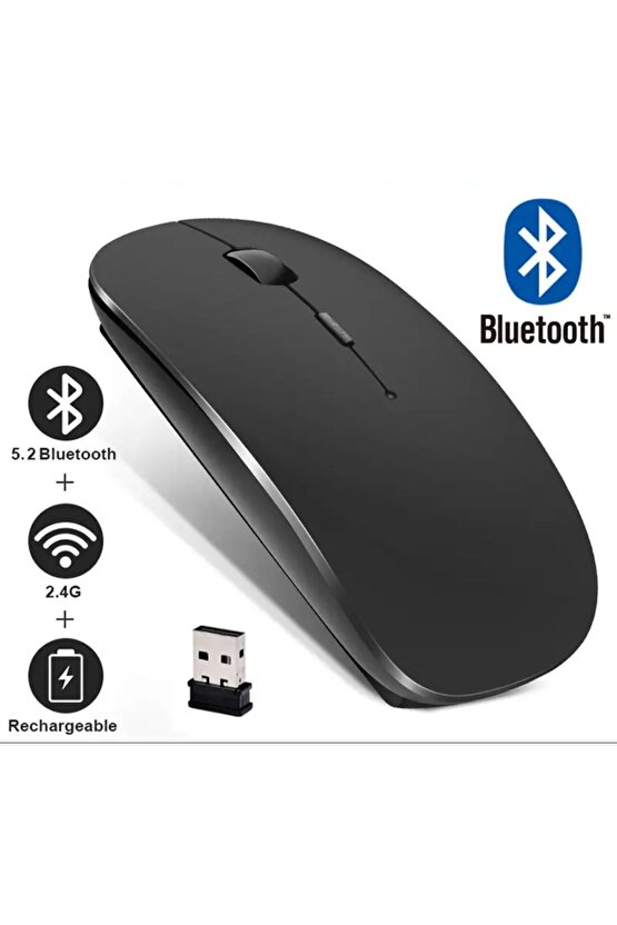 ŞARJLI MOUSE 2.4GHZ USB WİRELESS VE BLUETOOTH LU SESSİZ MAT SİYAH