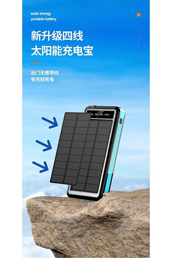 SOLAR POWERBANK GÜNEŞ ENERJİ PANELLİ 10000MAH KENDİNDEN KABLO ÇIKIŞLI LED IŞIKLI TAŞINABİLİR ŞARJ